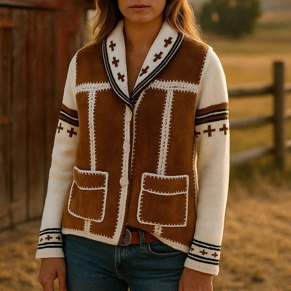 Vintage 70s Suede Leather Knit Cardigan Jacket White Brown Western Boho Casual - Picture 1 of 9